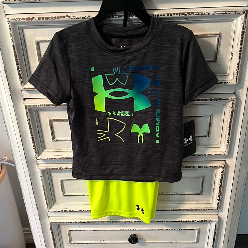 Under Armour Kids Charcoal and Neon Yellow Tee and Shorts Set Size 2T